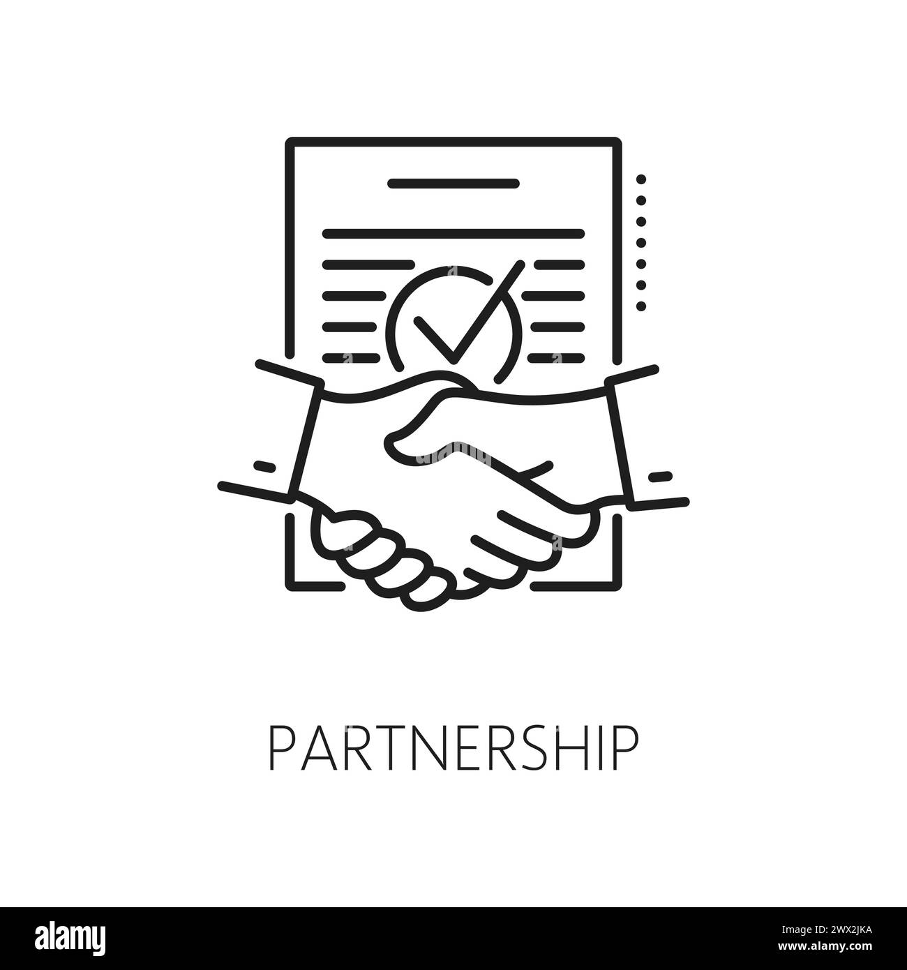 Symbol für Partnerschaftslinie. Isoliertes monochromes, lineares Vektorzeichen, das zwei Hände in einem Handschlag darstellt und Übereinstimmung, Zusammenarbeit, Vertrauen und gegenseitiges Verständnis in einem minimalistischen Umrissdesign symbolisiert Stock Vektor