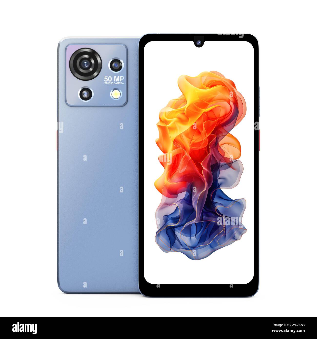 Abstrakte moderne Smartphone-Vorder- und Rückansicht auf weißem Hintergrund. 3D-Rendering Stockfoto