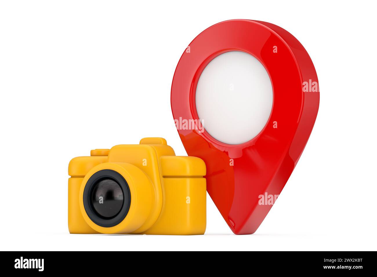 Abstraktes gelbes Foto-Kamera-Web-Symbol mit rotem Kartenzeiger auf weißem Hintergrund. 3D-Rendering Stockfoto