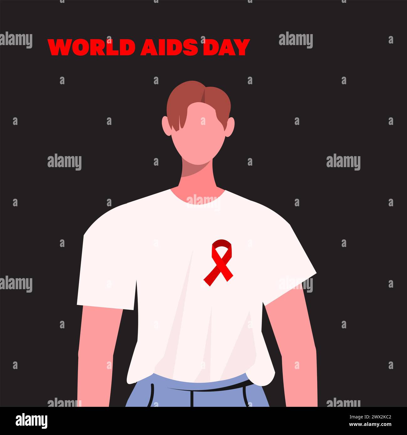 Porträt eines jungen modernen Mannes mit rotem Schleifenabzeichen zur Unterstützung des Welt-Aids-Tages. Isoliert auf schwarzem Hintergrund. Stockfoto