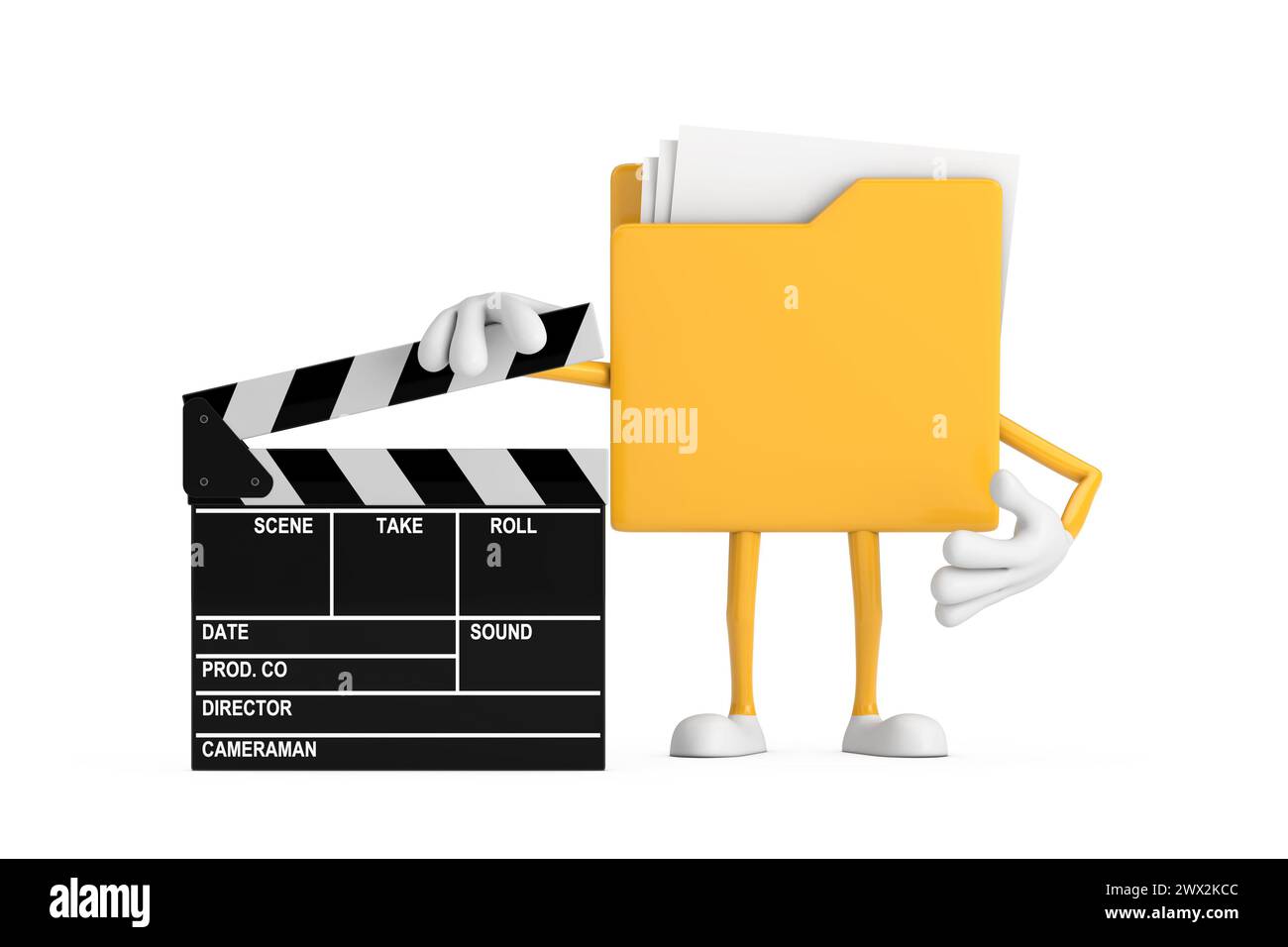 Gelbes Aktenordner-Symbol Cartoon Person Charakter Maskottchen mit Film Clapper Board auf weißem Hintergrund. 3D-Rendering Stockfoto