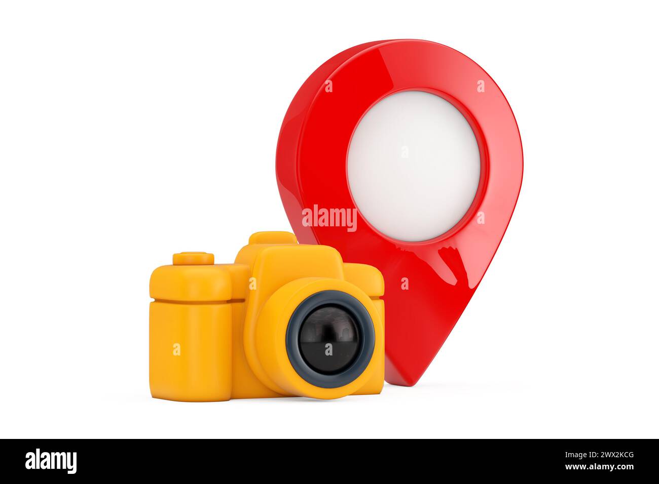 Abstraktes gelbes Foto-Kamera-Web-Symbol mit rotem Kartenzeiger auf weißem Hintergrund. 3D-Rendering Stockfoto