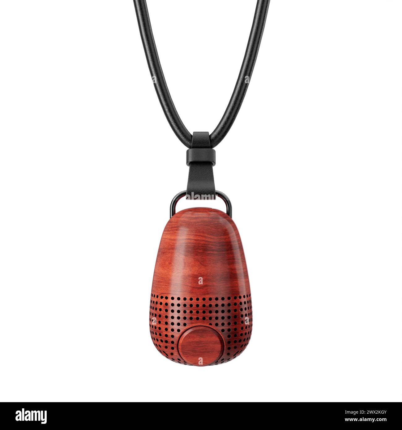 Moderner roter hölzerner Miniatur-Musiklautsprecher, der an einem Lederkabel auf weißem Hintergrund hängt. 3D-Rendering Stockfoto