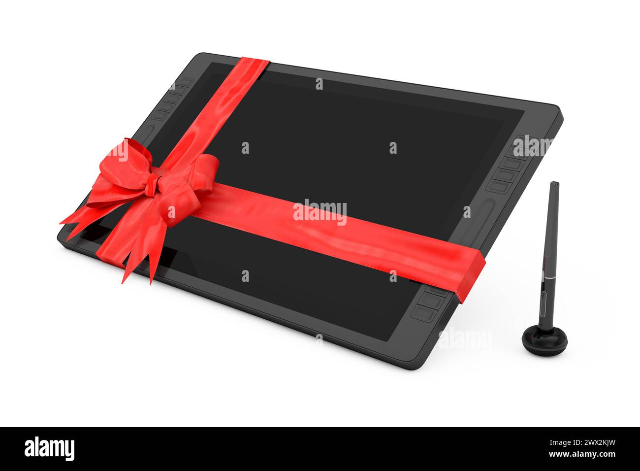 Große Größe des digitalen Grafikzeichnungs-Tablet-Monitors mit Stift und leerem Bildschirm als Geschenk mit rotem Band und Bogen auf weißem Hintergrund. 3D-Rendering Stockfoto