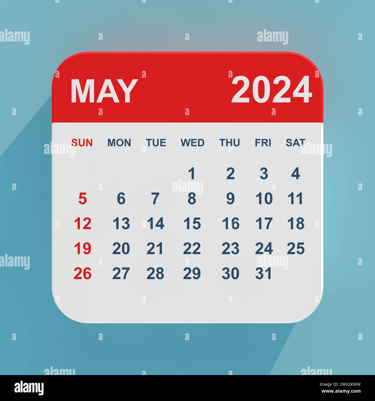 Flaches Symbol Kalender Mai 2024 auf blauem Hintergrund. 3D-Rendering Stockfoto