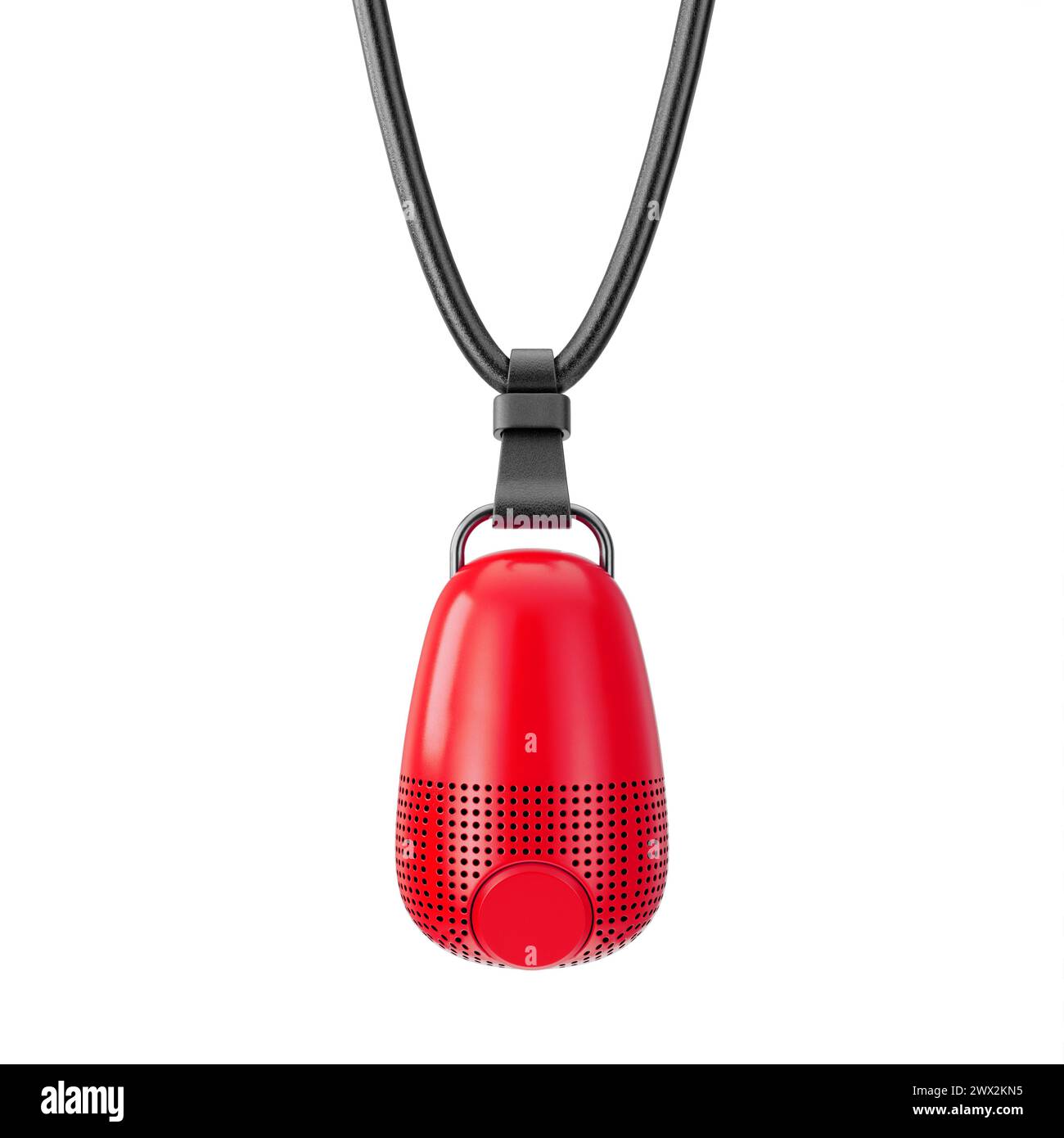 Moderner roter Miniatur-Musiklautsprecher aus Kunststoff, der an einem Lederkabel auf weißem Hintergrund hängt. 3D-Rendering Stockfoto