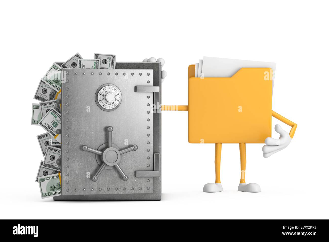 Gelbes Aktenordner-Symbol Cartoon Person Figur Maskottchen mit Tresor oder Safe voller Dollarscheine auf weißem Hintergrund. 3D-Rendering Stockfoto