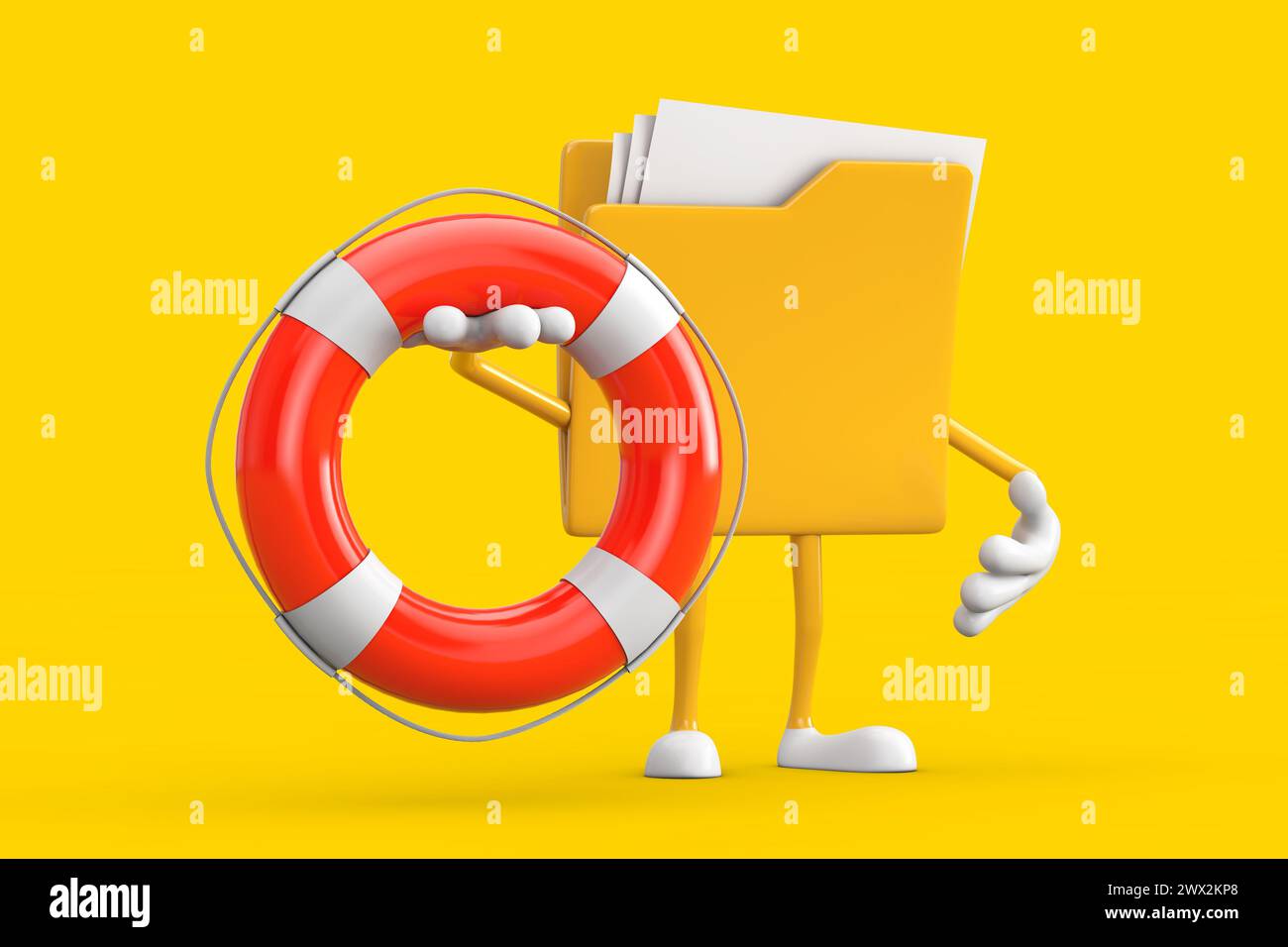 Gelbes Aktenordner Icon Cartoon Person Figur Maskottchen mit Rettungsboje auf gelbem Hintergrund. 3D-Rendering Stockfoto