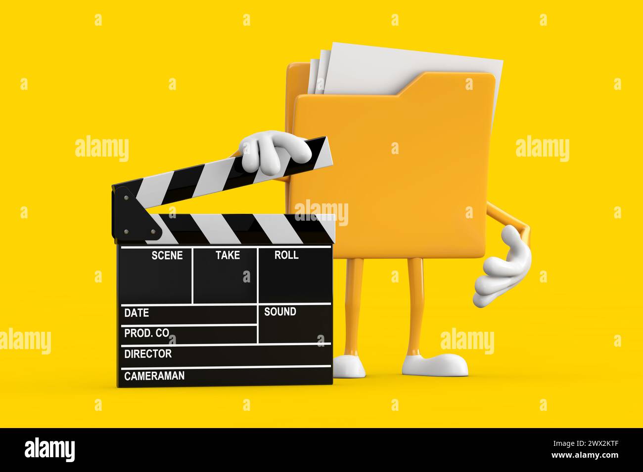 Gelbes Aktenordner-Symbol Cartoon Person Figur Maskottchen mit Film Clapper Board auf einem gelben Hintergrund. 3D-Rendering Stockfoto