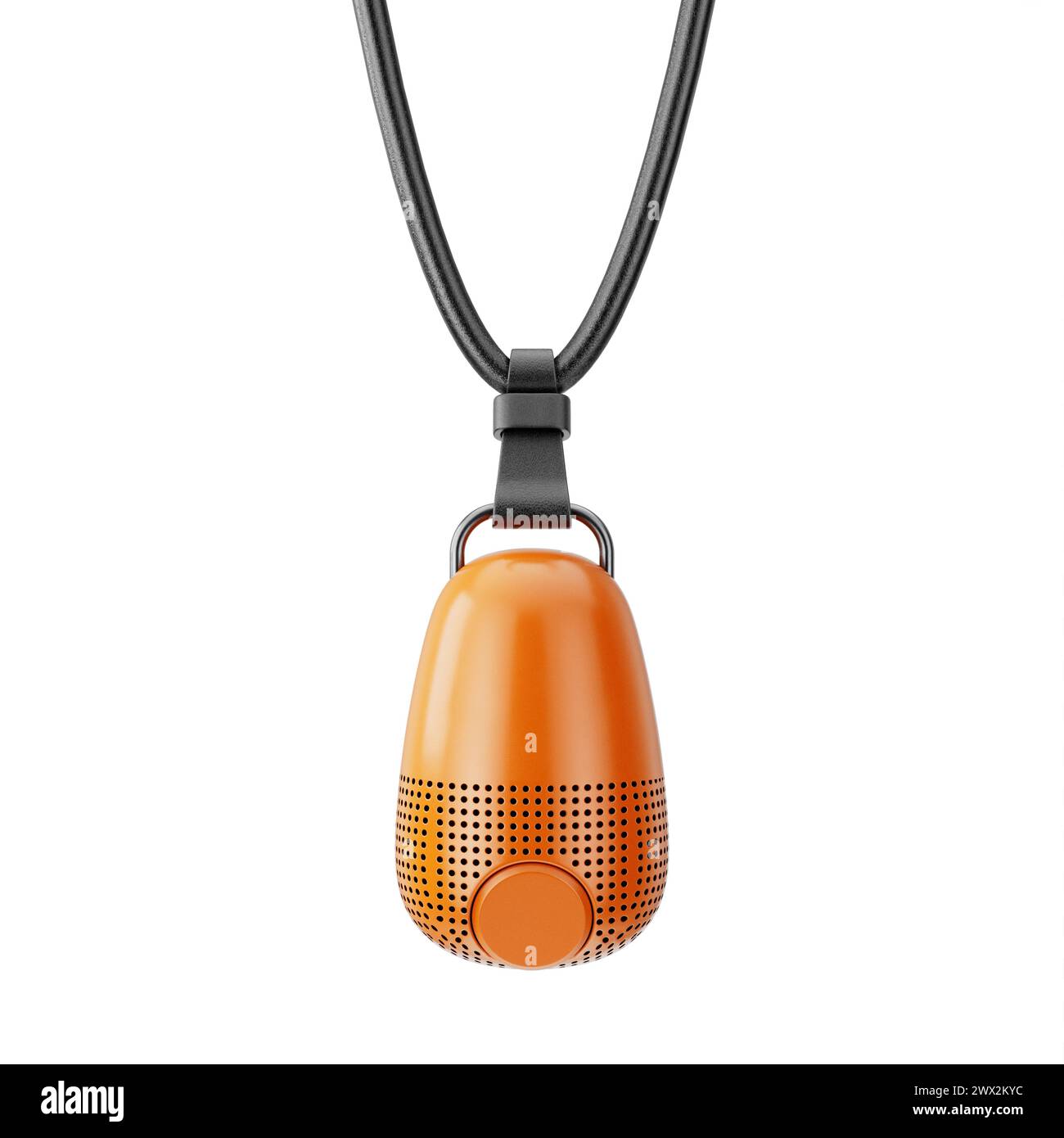 Moderner orangefarbener Mini-Musiklautsprecher aus Kunststoff, der an einem Lederkabel auf weißem Hintergrund hängt. 3D-Rendering Stockfoto