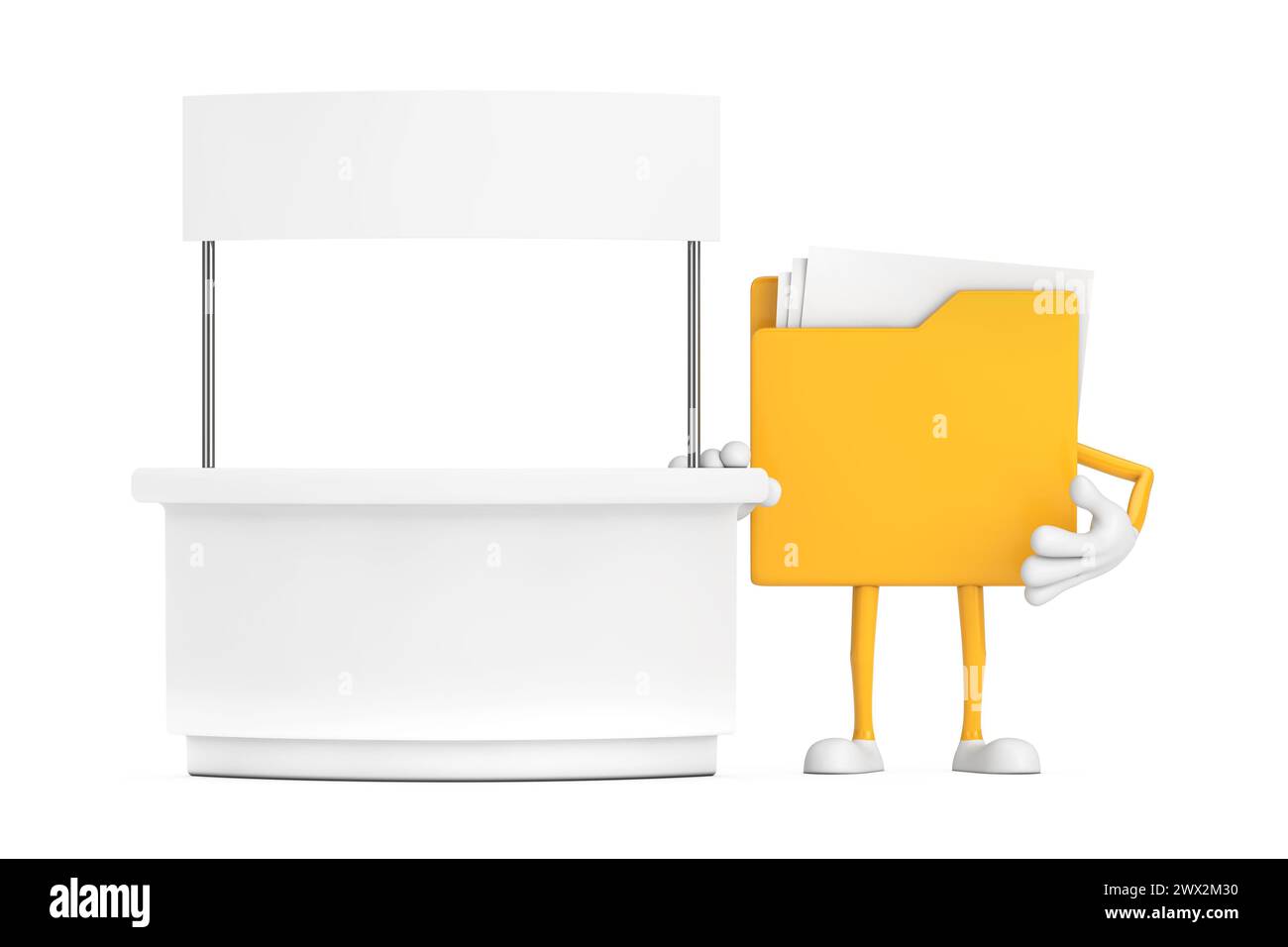 Gelber Aktenordner Icon Cartoon Person Charakter Maskottchen in der Nähe von leeren Werbeständer mit freiem Platz für Ihr Design auf einem weißen Hintergrund. 3D-Rendering Stockfoto