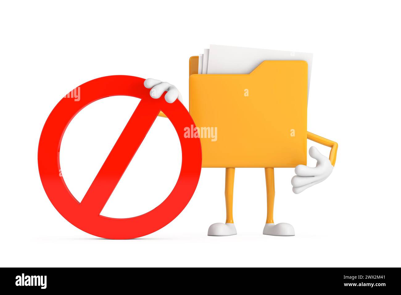 Gelbes Aktenordner-Symbol Cartoon Person Figur Maskottchen mit rotem Prohibition oder Verbotenzeichen auf weißem Hintergrund. 3D-Rendering Stockfoto