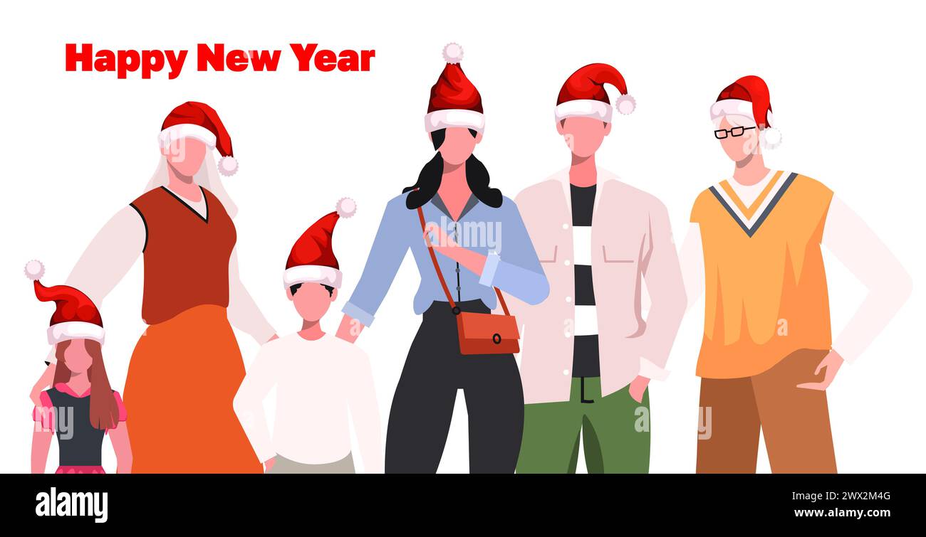 Große glückliche Familie in Weihnachtshüten feiert das neue Jahr. Vector Flat Design Familie. Illustration für das Weihnachtswochenende für Poster, Karte, Banner. Stockfoto