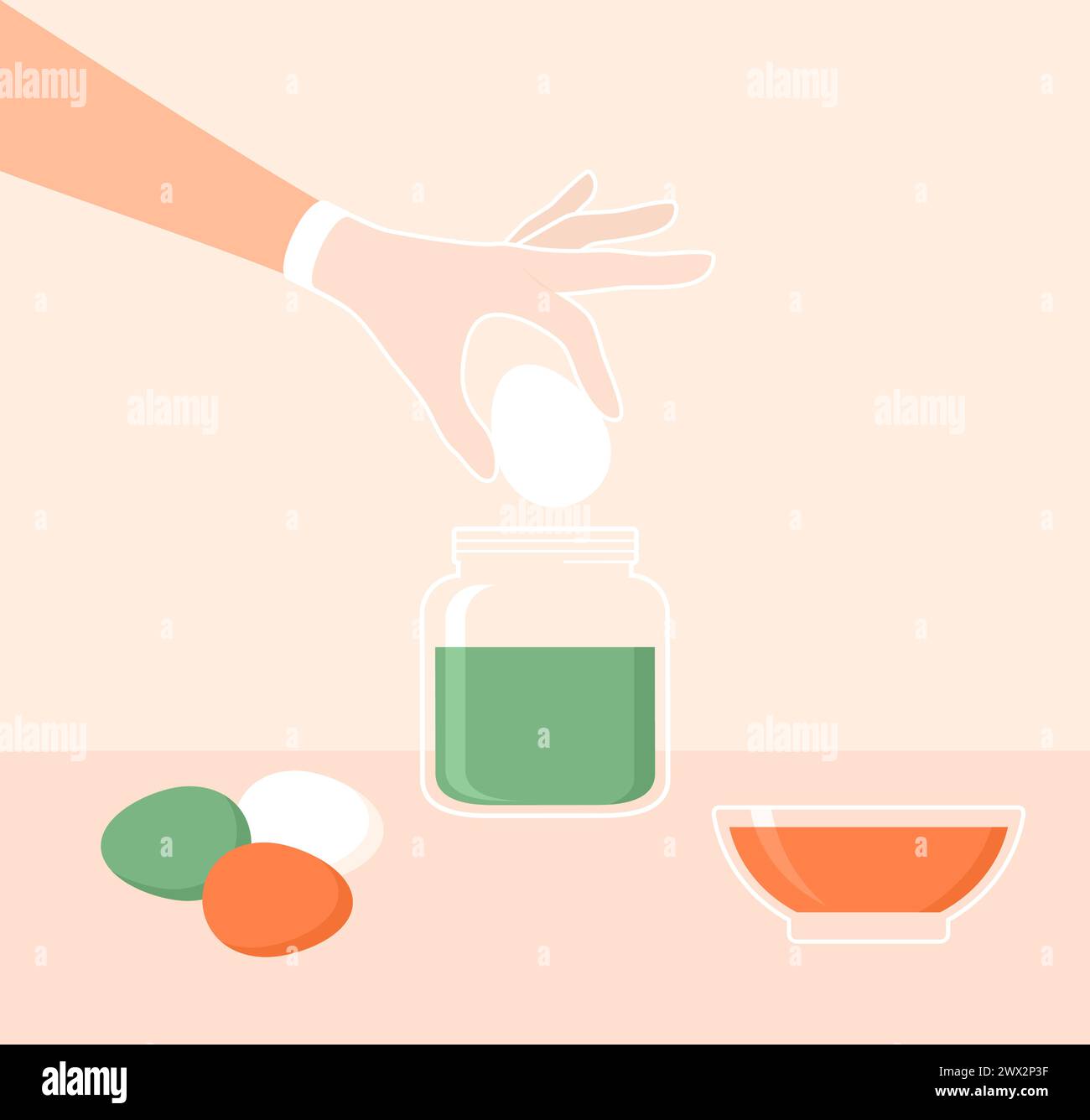Eine Hand in einem Handschuh, die ein Ei in ein Glas mit Farbstoff legt. Ostereier färben. Illustration des flachen Vektors Stock Vektor