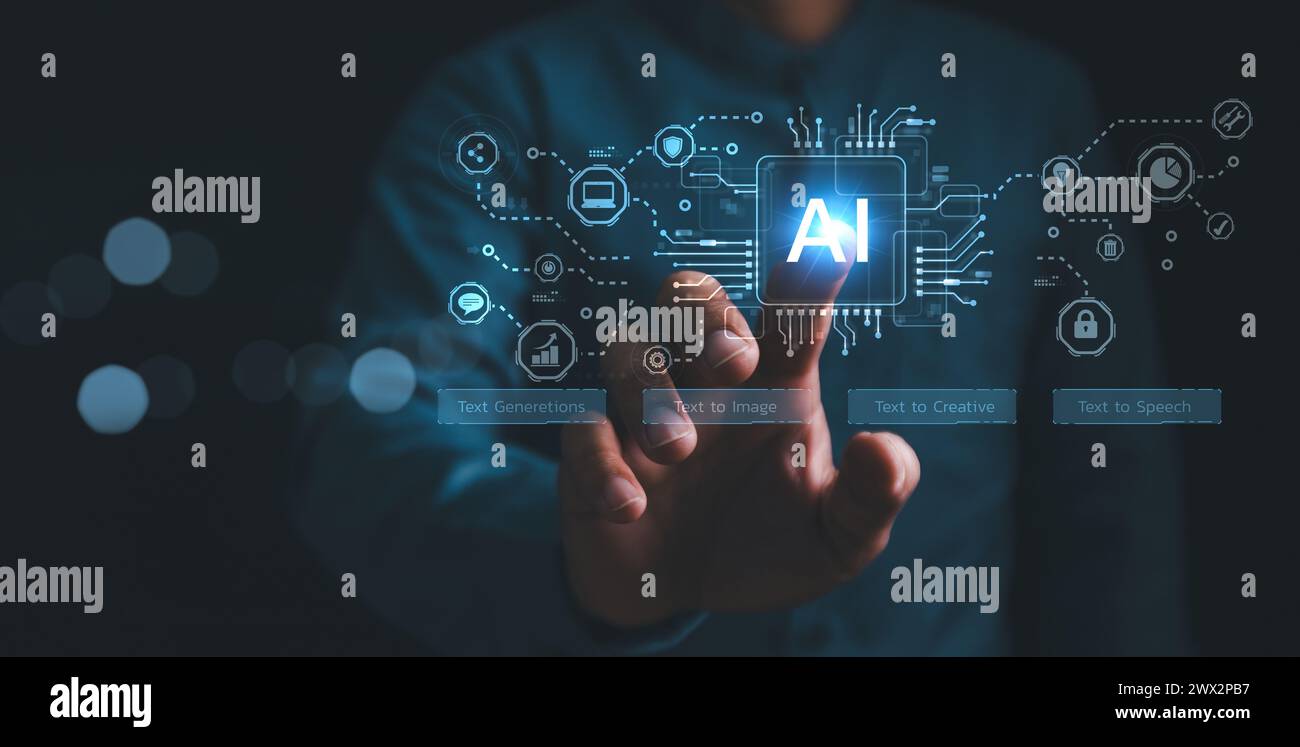 Mann benutzt Hand-KI, künstliche Intelligenz, um Inhalte zu generieren. Text-to-Bild, Sprache, intelligente KI, durch Eingabe-Eingabeaufforderung für generiert etwas, futu Stockfoto