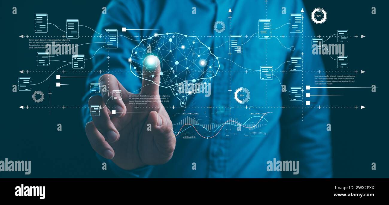 Big-Data-Technologie und KI-Datenwissenschaft. Datenwissenschaftler, der komplexe Sätze auf einem virtuellen Bildschirm abfragt, analysiert und visualisiert. Datenflusskonzept. Neural n Stockfoto
