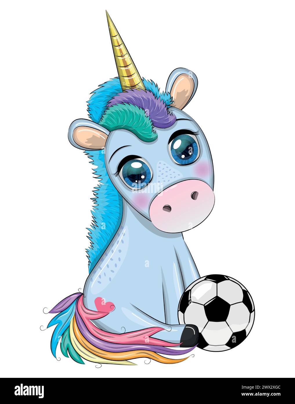 Niedliche Cartoon Einhorn mit Fußball, Sommer, Kinderspiele, Club. Stock Vektor
