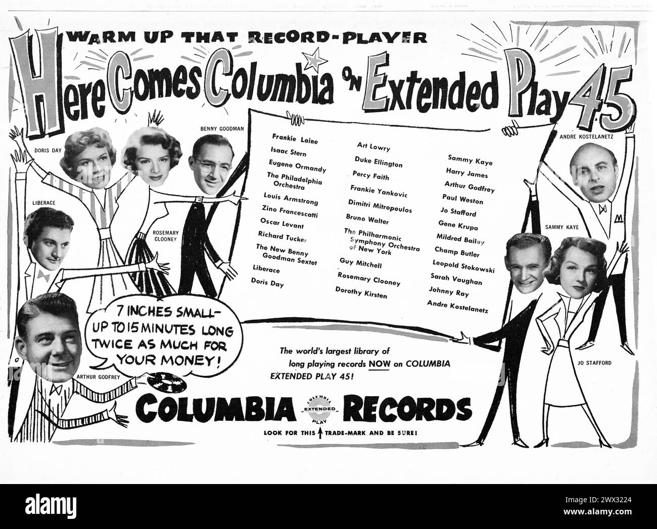 Ein Werbespot eines Musikmagazins der frühen 1950er Jahre, in dem bekannt gegeben wird, dass Columbia Records Musik auf 45 U/min-Platten anbieten würde. Es war die neueste Technologie und die Werbung enthielt Stars wie Benny Goodman, Rosemary Cooney, Doris Day und Liberace. Stockfoto