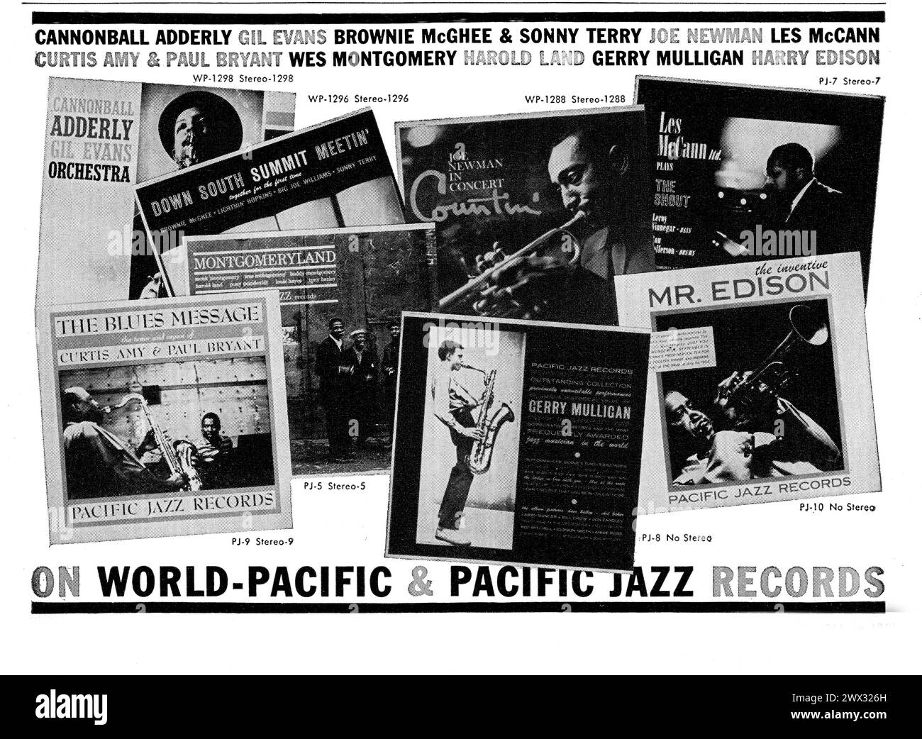 Eine Flauschwerbung aus einem Magazin der frühen 1960er Jahre für den Pacific Coast Jazz Records-Katalog, in der Sevral ihrer Künstler wie Gerry Mulligan, Sweets Edison und die Montgomery Brüder gezeigt wird. Stockfoto
