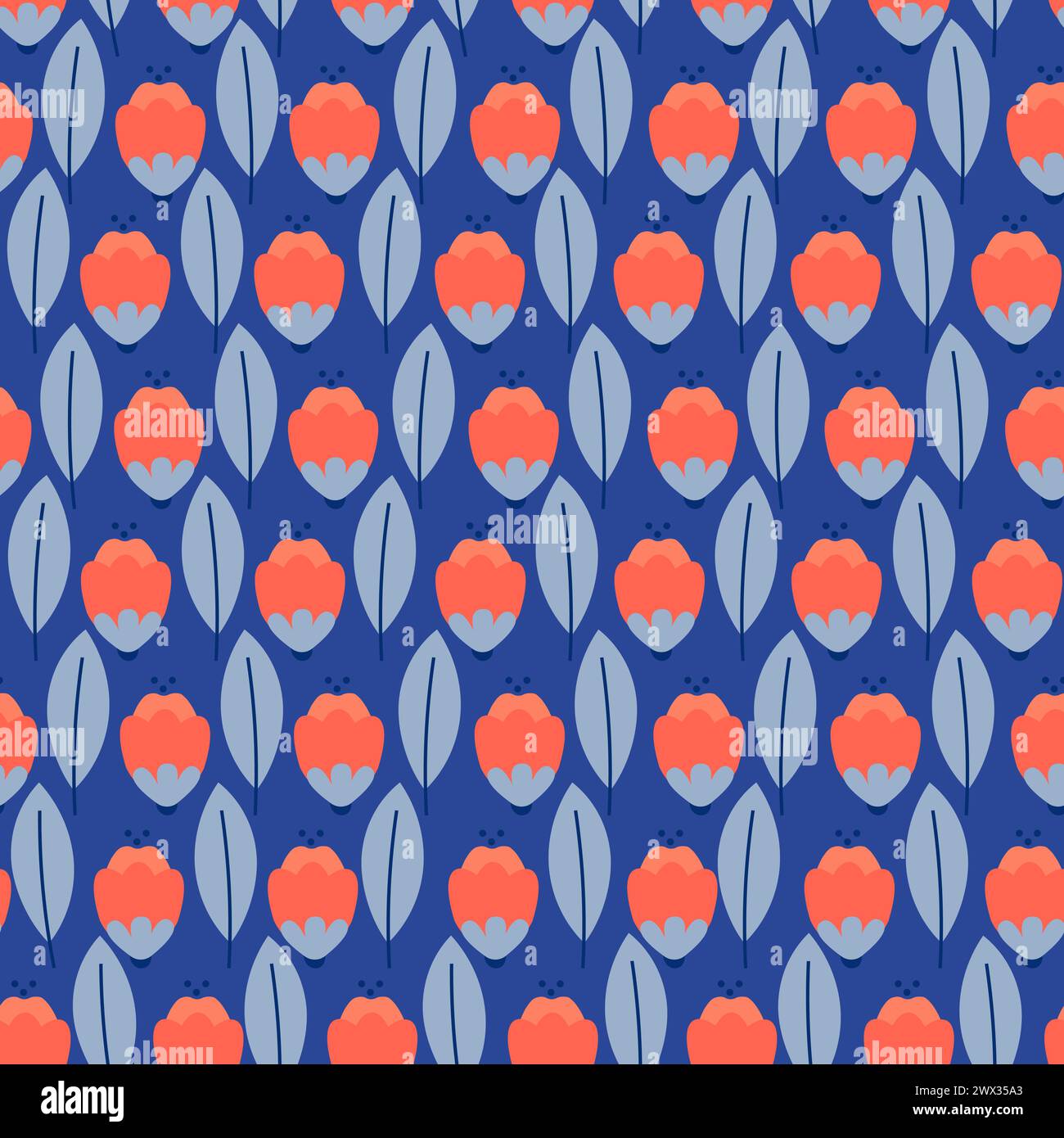 Frühlingstulpen mit nahtlosem Muster. Helle Blumen auf blauem Hintergrund. Stock Vektor