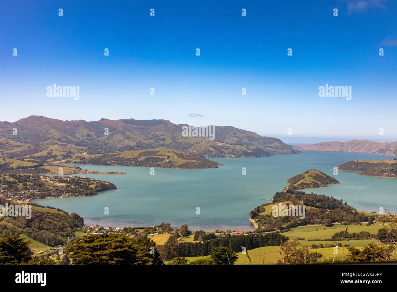 Teil der malerischen Banks Peninsula, südöstlich von Christchurch, Neuseeland. Stockfoto