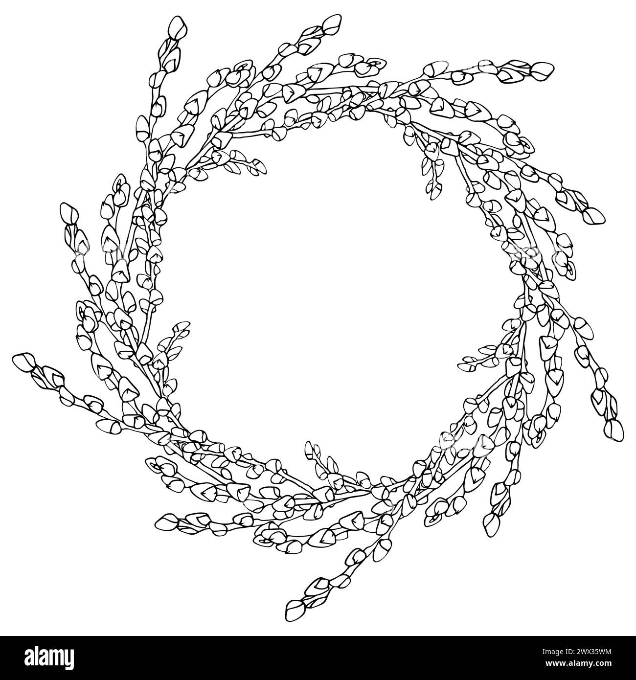 Osterkätzchen Frühlingskranz. Von Hand gezeichneter Zweig mit Willow-Tinte für die Gestaltung von Karten, Einladungen, Malbuch, Sammelalbum. Vektorisolierung auf weißem Hintergrund Stock Vektor