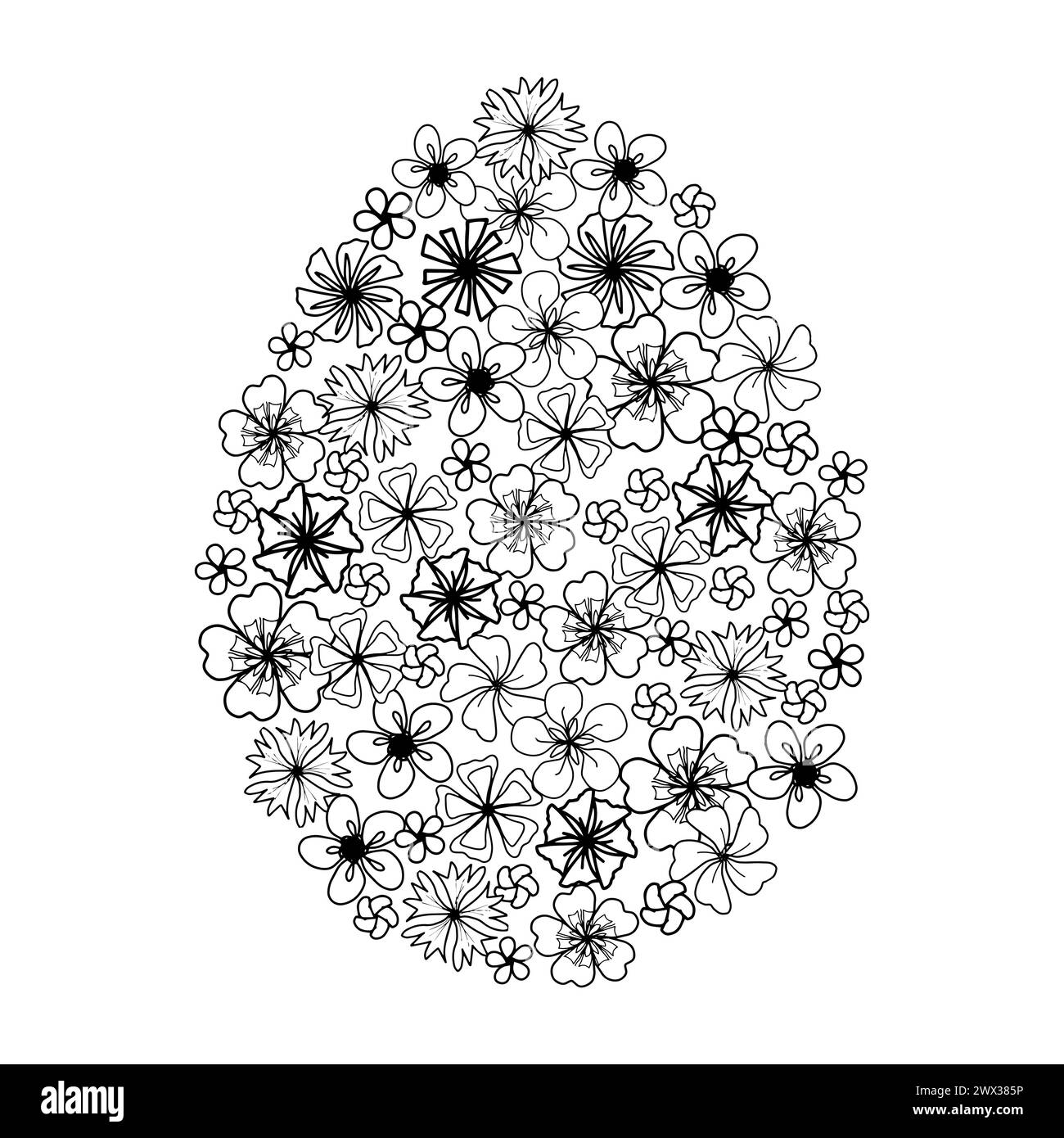 Ostereierblume Hintergrund, handgezeichnete florale Elemente für Frühlingsferien. Schwarzweiß-Strichkunstkompositionen zum Ausmalen von Seiten. Vektorillustrat Stock Vektor