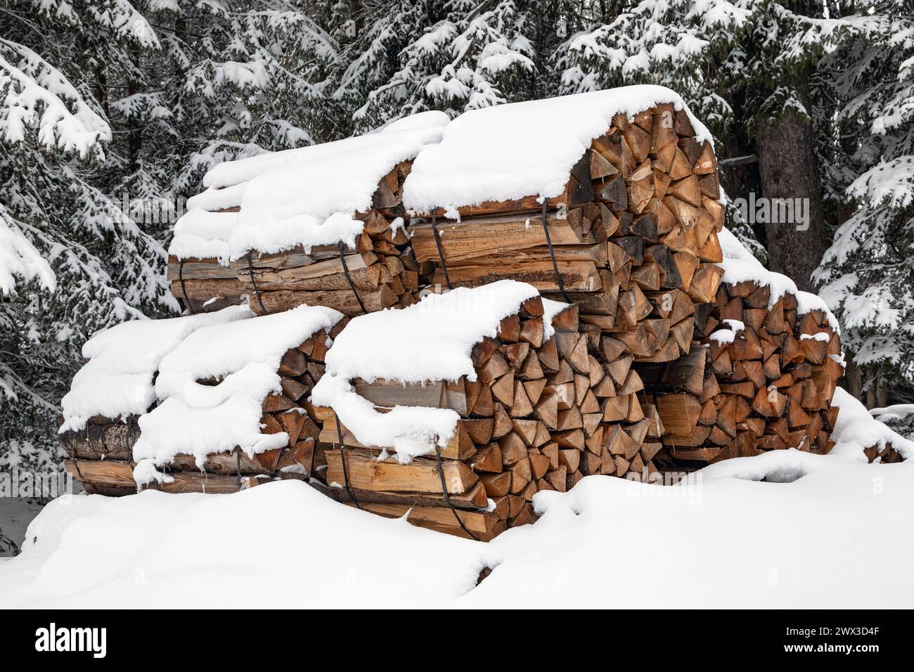 Pakete mit Brennholzstücken im Winter Stockfoto