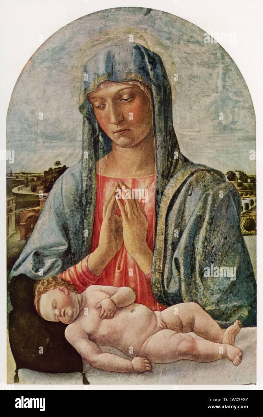 Giovanni Bellinis „Madonna, die das schlafende Kind anbetet“ (ca. Ende des 15. Jahrhunderts): Dieses Gemälde in der Pinacoteca di Brera in Mailand zeigt die intimen Momente zwischen der Jungfrau Maria und dem Christkind. Dieses Gemälde ist ein Schlüsselbeispiel für seinen Beitrag zur Entwicklung der italienischen Renaissance-Kunst. Stockfoto