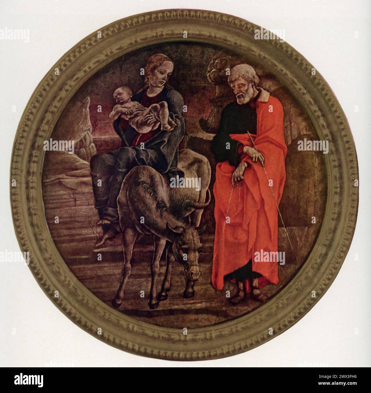 Cosimo Turas „der Flug nach Ägypten“ (um 1470): Das Gemälde in der National Gallery in London zeigt die biblische Reise von Maria, Joseph und dem Jesuskind nach Ägypten, ein gemeinsames Thema mit einer einzigartigen Interpretation von Tura. Es ist bekannt für seine lebendigen Farben und detailreichen, ausdrucksstarken Figuren, die den unverwechselbaren Stil der Ferrara-Schule während der italienischen Renaissance widerspiegeln. Stockfoto