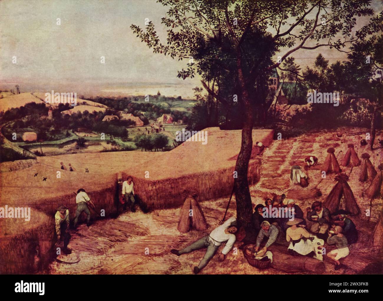 Pieter Bruegel the Elder's The Harvesters (1565): Dieses Gemälde, das im Metropolitan Museum of Art in New York untergebracht ist, ist eine lebendige Darstellung des ländlichen Lebens während der Erntezeit. Als Teil einer Serie, die die Monate des Jahres veranschaulicht, zeichnet sich dieses Werk durch seine detaillierte Darstellung der Bauern aus, die auf den Feldern arbeiten und das Wesen des Agrarlebens des 16. Jahrhunderts erfassen. Bruegels Werk ist nach wie vor einflussreich für seine Pionierarbeit in der Landschaft und Genremalerei und stellt einen bedeutenden Beitrag zur nördlichen Renaissance dar. Stockfoto Pieter Bruegel the Elder's The Harvesters (1565): Dieses Gemälde, das im Metropolitan Museum of Art in New York untergebracht ist, ist eine lebendige Darstellung des ländlichen Lebens während der Erntezeit. Als Teil einer Serie, die die Monate des Jahres veranschaulicht, zeichnet sich dieses Werk durch seine detaillierte Darstellung der Bauern aus, die auf den Feldern arbeiten und das Wesen des Agrarlebens des 16. Jahrhunderts erfassen. Bruegels Werk ist nach wie vor einflussreich für seine Pionierarbeit in der Landschaft und Genremalerei und stellt einen bedeutenden Beitrag zur nördlichen Renaissance dar. Stockfoto