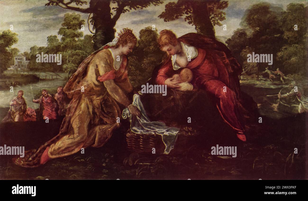 Tintorettos „der Fund von Moses“ (um 1580): Dieses dynamische Gemälde befindet sich in der National Gallery of Art, Washington, D.C., und erfasst die biblische Geschichte der Tochter des Pharao, die den Säugling Moses in den Stierköpfen entlang des Nils entdeckt. Mit seinen komplexen Erzählungen mit emotionaler und visueller Wirkung war es ein wichtiger Beitrag zur venezianischen Renaissance. Stockfoto