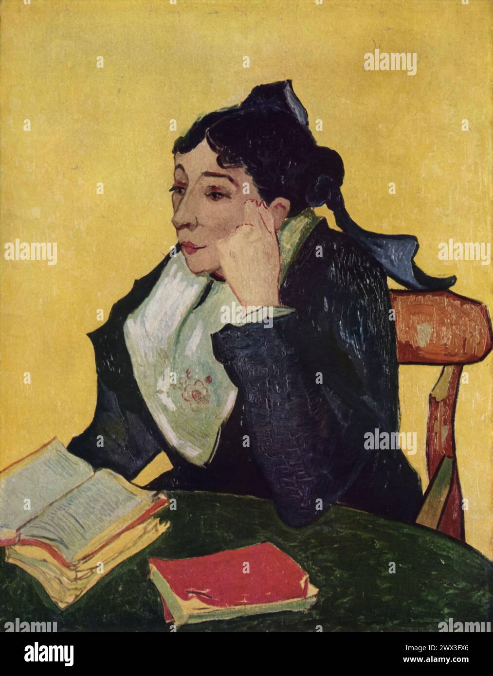 Vincent van Goghs „L'Arlésienne“ (um 1888) im Metropolitan Museum of Art, New York, zeigt Madame Ginoux, eine Café-Besitzerin aus Arles, die van Goghs postimpressionistischen Stil mit kräftigen Farben und ausdrucksstarken Linien verkörpert. Dieses Porträt, das Teil einer Serie ist, veranschaulicht van Goghs Faszination, den Charakter und das Wesen seiner Motive in lebendigen Tönen und dynamischen Pinselstrichen festzuhalten, was seine innovativen Beiträge zur modernen Kunst widerspiegelt Stockfoto