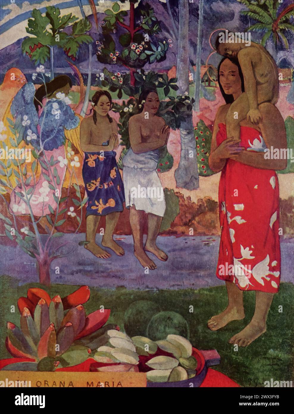 Paul Gauguins „Ia Orana Maria (Hail Mary)“ (um 1891) im Metropolitan Museum of Art, New York, führt tahitische Motive in eine Darstellung der Jungfrau Maria und des Kindes ein und markiert damit eine Abkehr von der traditionellen christlichen Ikonographie. Gauguins Verwendung kühner Farben, vereinfachter Formen und der Einbeziehung tahitianischer Symbole und Figuren spiegelt sein Streben nach spiritueller und kultureller Synthese wider und zeigt seine zentrale Rolle im Post-Impressionismus und seinen Einfluss auf die Primitivismus-Bewegung. Stockfoto
