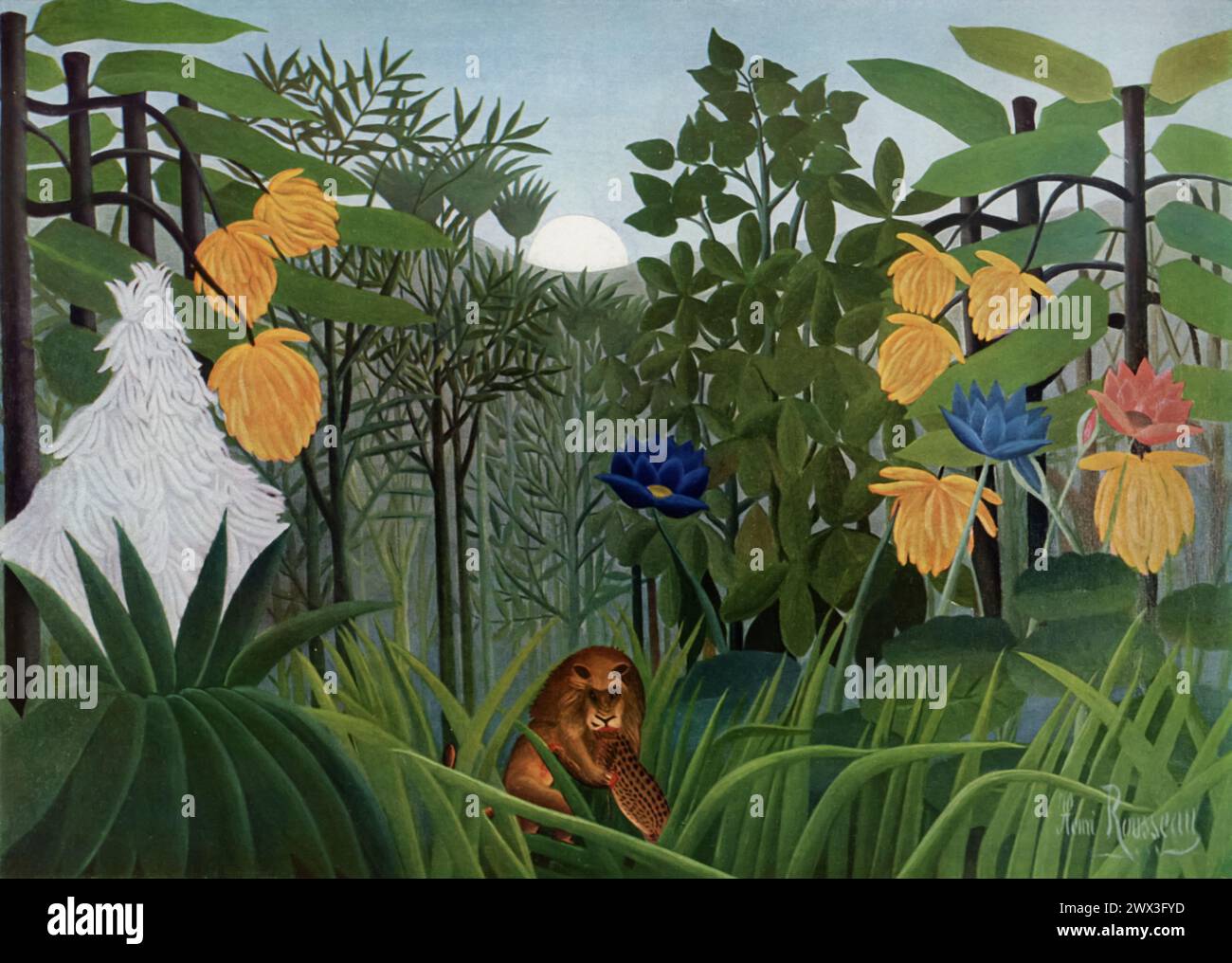 Henri Rousseaus „The repast of the Lion“ (um 1907), ausgestellt im Metropolitan Museum of Art, New York, ist ein anschauliches Beispiel für Rousseaus naiven oder primitiven Stil, der eine Dschungelszene darstellt, in der ein Löwe seine Beute feiert. Bekannt für seine autodidaktische Technik und traumhafte, detaillierte Landschaften, stellt Rousseaus Werk die Ruhe der Natur mit der Rauheit des Überlebens in Kontrast. Stockfoto