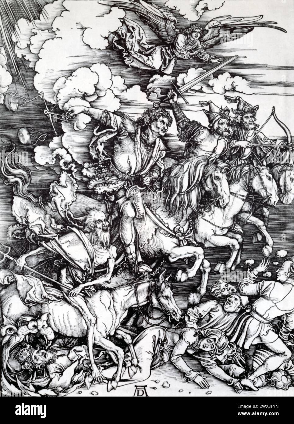 Albrecht Dürers „die vier Reiter der Apokalypse“ (um 1498), Teil seiner Apokalypse-Serie, ist im Metropolitan Museum of Art in New York untergebracht. Dieser Holzschnitt zeigt die dramatische biblische Szene aus dem Buch der Offenbarung, in der die Reiter Eroberung, Krieg, Hunger und Tod repräsentieren. Dürers Werk wird für seine dynamische Komposition, seine komplizierten Details und seine symbolische Tiefe gefeiert, die seine Beherrschung des Holzschnitts und seinen Einfluss auf die Kunst der Nördlichen Renaissance zeigt. Stockfoto