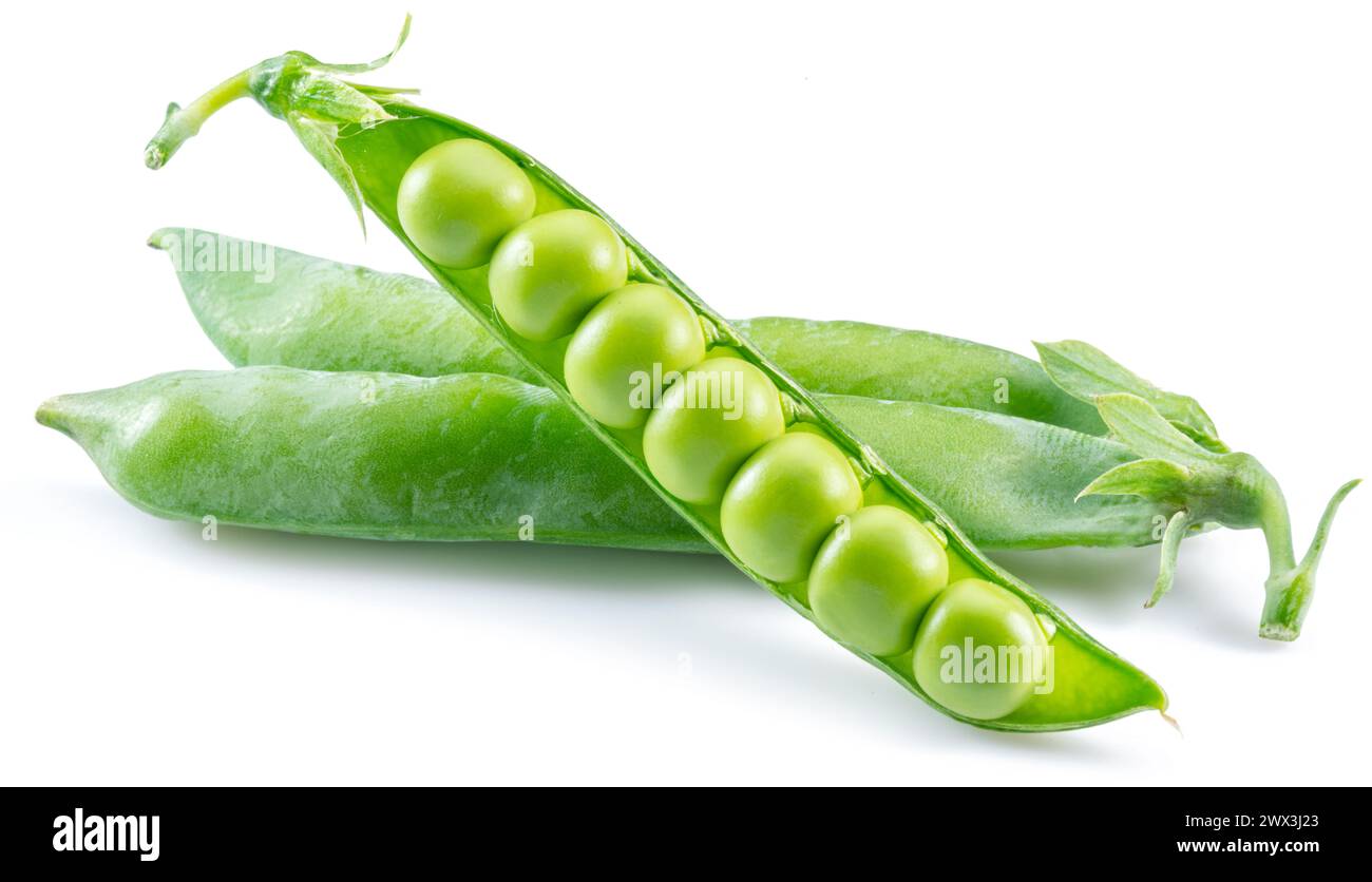 Geöffnete reife Erbsenschoten isoliert auf weißem Hintergrund. Stockfoto