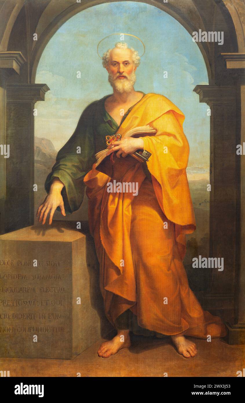 MAILAND, ITALIEN - 7. MÄRZ 2024: Das Gemälde von St. Peter der Apostel A in der Kirche Chiesa di San Bartolomeo von unbekanntem Künstler. Stockfoto