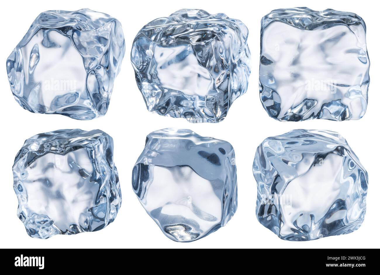 Set mit sechs perfekten Eiswürfeln. Datei enthält Beschneidungspfade. Stockfoto