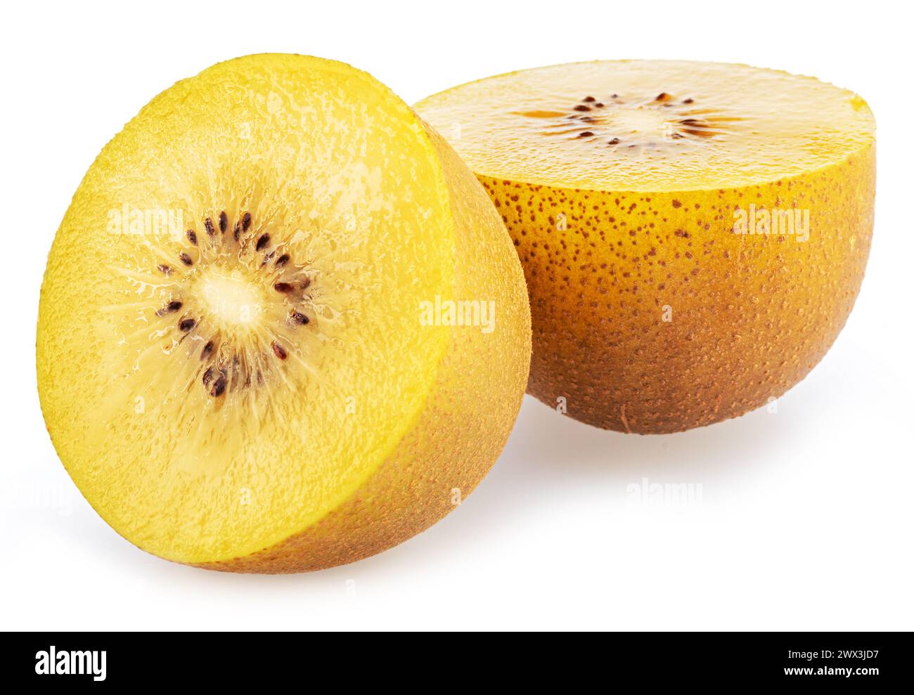 Goldene Kiwi-Frucht und Kreuzschnitt von Kiwi isoliert auf weißem Hintergrund. Stockfoto