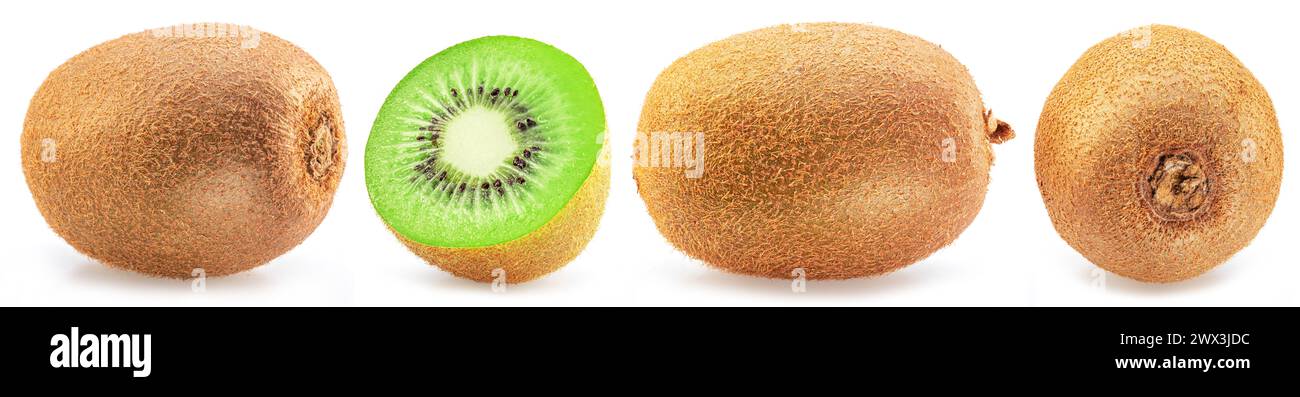 Satz Kiwis-Früchte und Kreuzschnitt von Kiwis isoliert auf weißem Hintergrund. Stockfoto