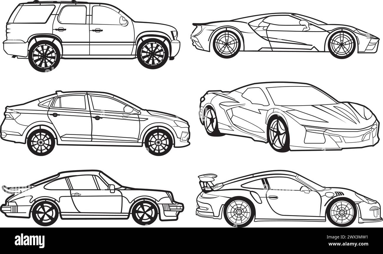 Silhouettenwagen auf weißem Hintergrund mit 300 dpi, EPS, ideal für Laserschneiden und Drucken Stock Vektor
