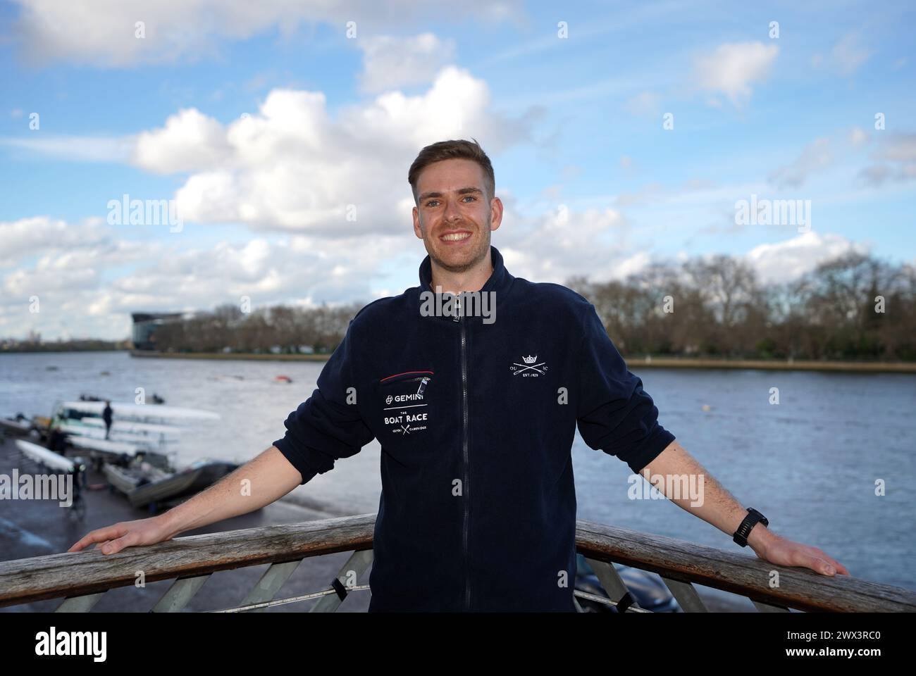 Oxford-Kapitän Harry Glenister nach einer Pressekonferenz im London Rowing Club, London. Bilddatum: Mittwoch, 27. März 2024. Stockfoto