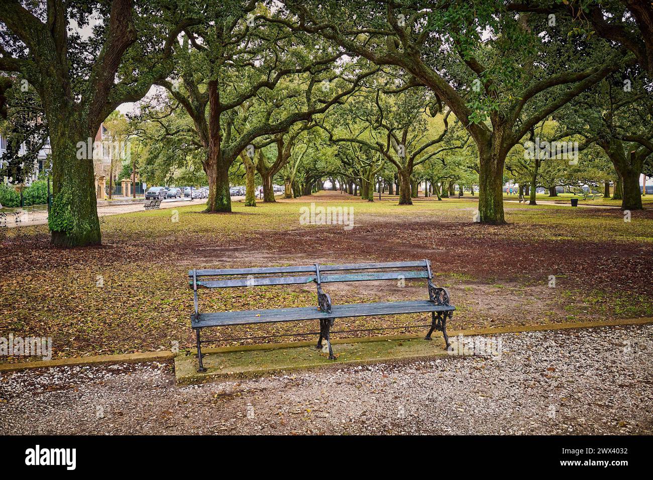 Bank entlang des Steinpfades am White Point Garden Charleston, SC. Stockfoto