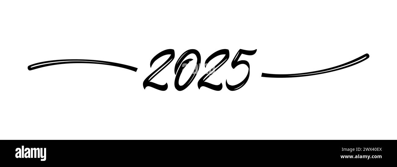 2025 Creative Logo. Horizontales Banner „Happy New Year“. Niedliche Skizze. Handgezeichnetes Design. Abstrakter Rahmen, Rahmenelement oder Texttrennzeichen Stock Vektor