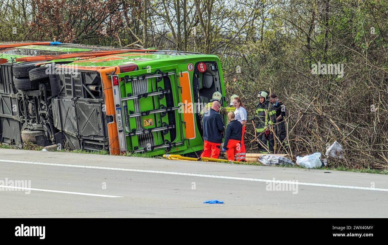 Heute Morgen kam es zu einem schweren Verkehrsunfall auf der Bundesautobahn 9. Ein Reisebus FlixBus, der mit über 50 Insassen besetzt auf dem Weg nach Zürich war, fuhr auf der Bundesautobahn 9 in Richtung München. Kurz vor dem Schkeuditzer Kreuz kam der Bus aus bislang unklarer Ursache nach rechts von der Fahrbahn ab und kippte in der angrenzenden Böschung zur Seite. Durch den Verkehrsunfall werden zahlreiche Insassen des Busses verletzt. Mehrere Personen erlagen ihren schwersten Verletzungen noch an der Unfallstelle. Etwa zwanzig Personen wurden verletzt und müssen zum Teil mit schweren Verl Stockfoto