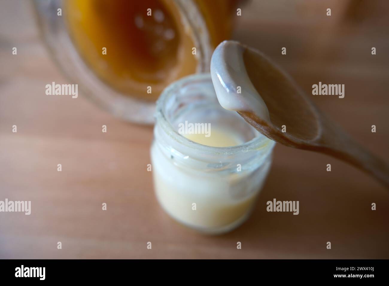 Gelee Royale in einem kleinen Glas. Es wird auch Bienenmilch genannt, Sekret, das in der Ernährung von Larven und ausgewachsenen Königinnen verwendet wird. Stockfoto