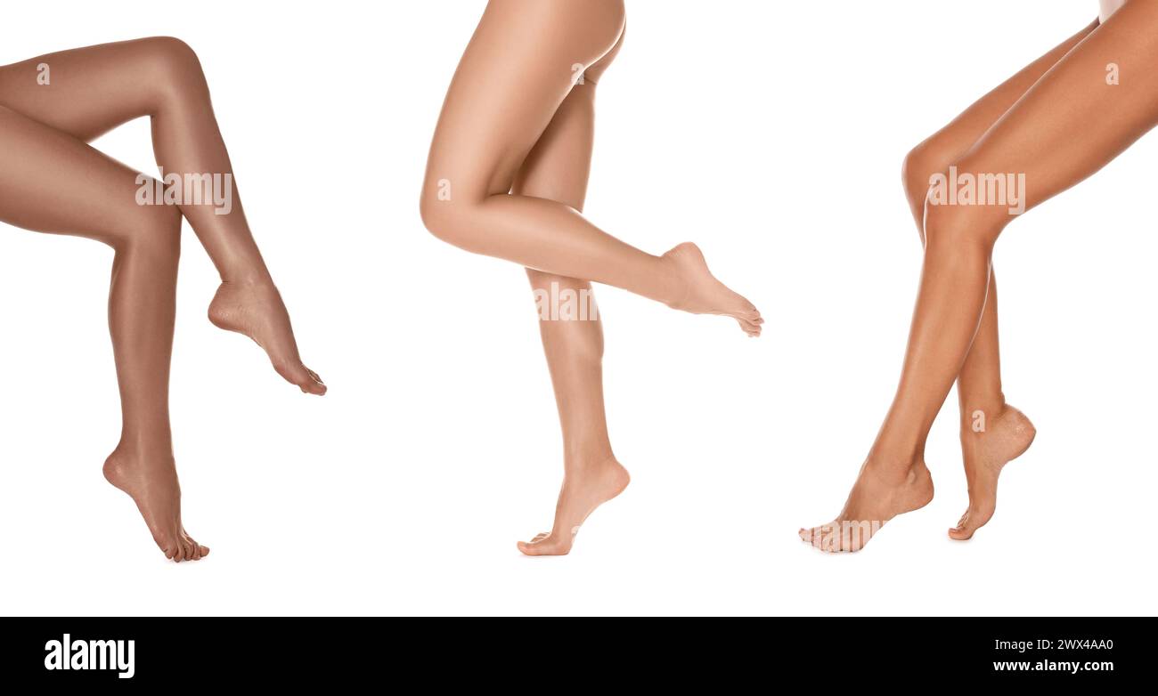 Frauen mit schönen Beinen auf weißem Hintergrund, Nahaufnahme. Collage von Fotos, die Stadien der Sonnenbräunung zeigen Stockfoto