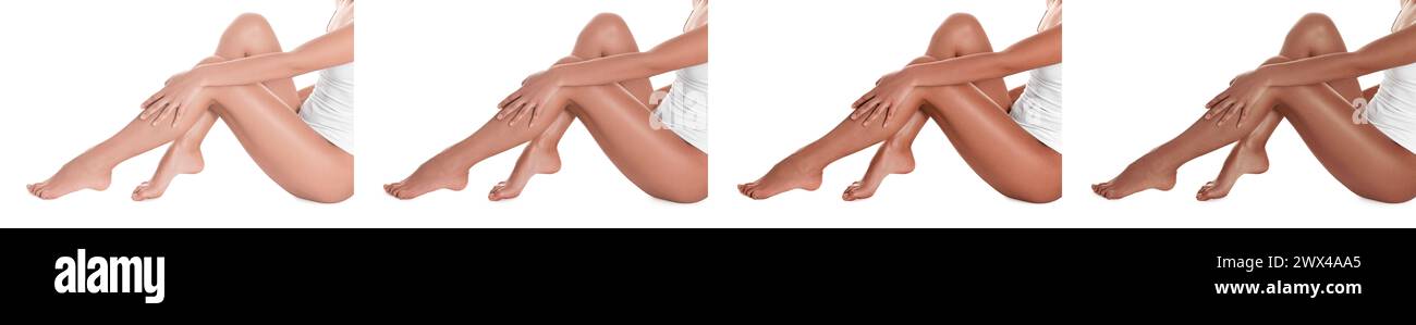 Frau mit schönen Beinen auf weißem Hintergrund, Nahaufnahme. Collage von Fotos, die Stadien der Sonnenbräunung zeigen Stockfoto