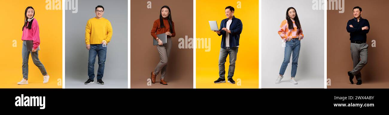 Porträts von asiatischen Frauen und Männern auf farbigen Hintergründen, mit Fotos besetzt Stockfoto